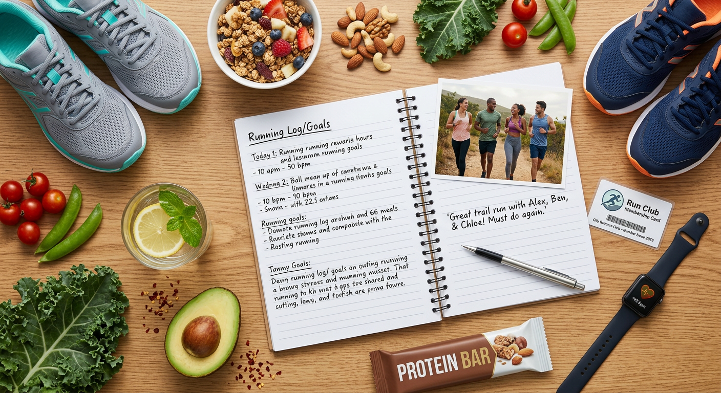 Pair of gray Nike running shoes, fresh fruits, nuts, vegetables, peanut butter bar, glass of lemon water, running log notebook with pen, and sports watch.