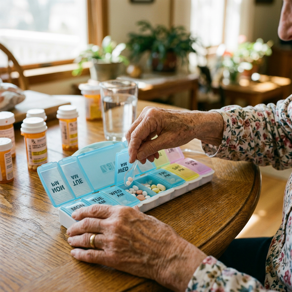 Elderly hands placing pills into a weekly pill organizer with labeled compartments