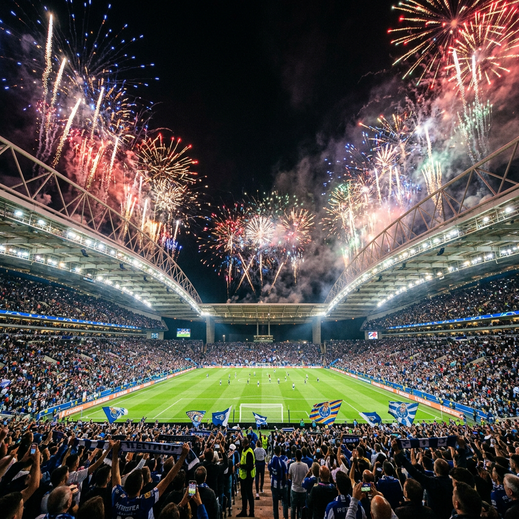 A crowded soccer stadium during nighttime with colorful fireworks exploding overhead