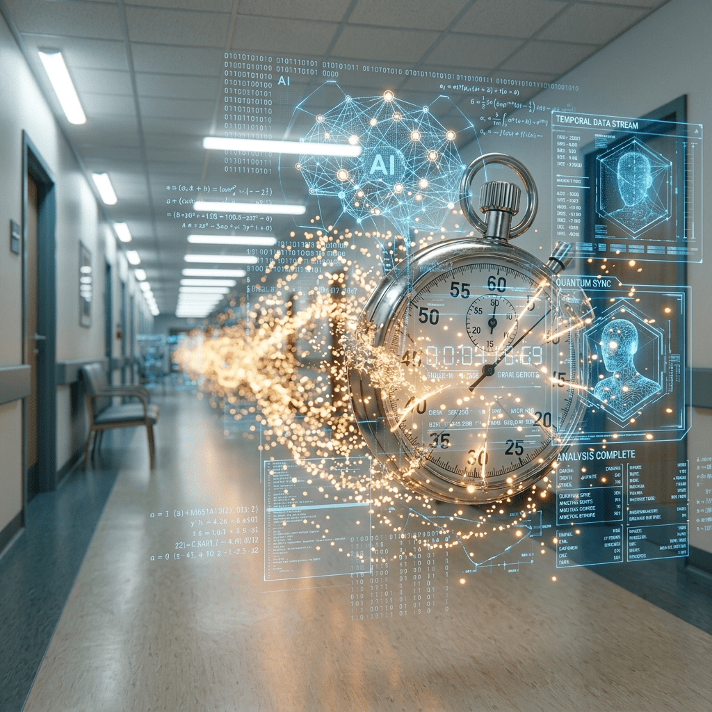 Stopwatch with glowing sparks floating in an empty hospital hallway
