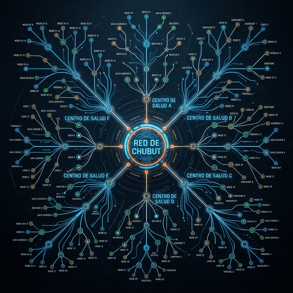 Network diagram showing core hub connected to nodes, routers, data servers, users