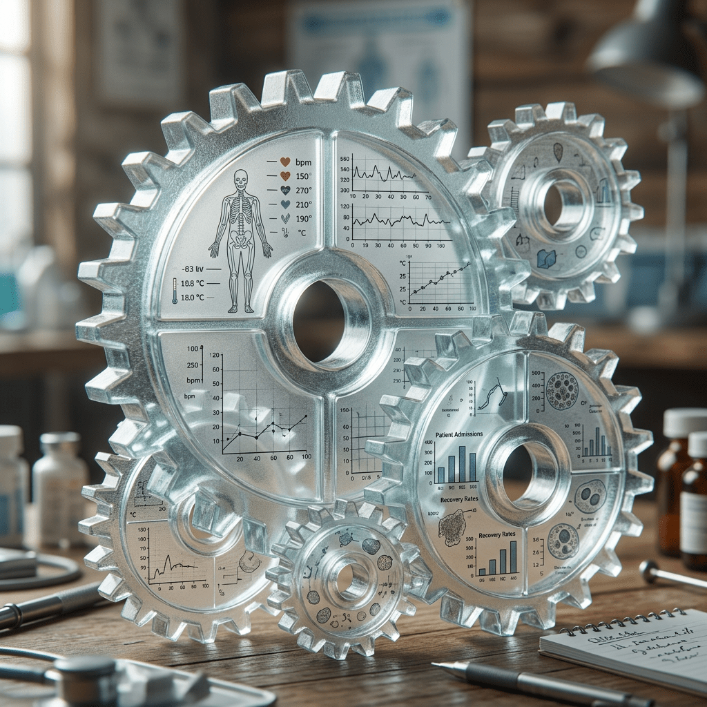 Metallic gears with embedded medical charts, patient data, and biological illustrations