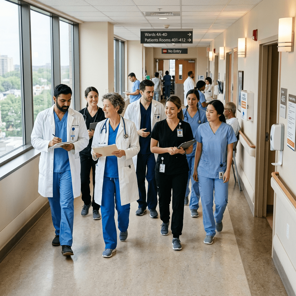 Healthcare professionals walking in a hospital corridor discussing patient information