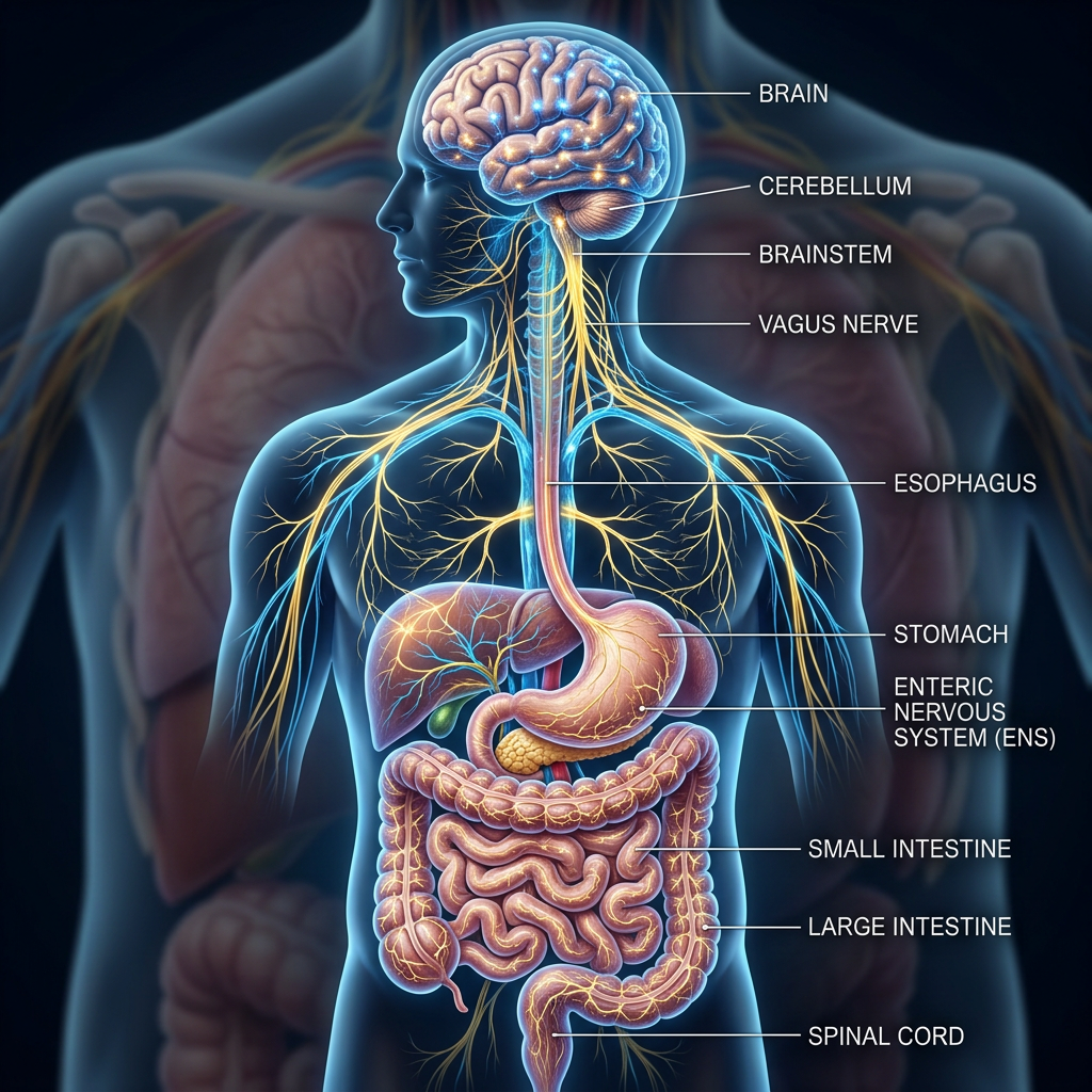 Human digestive system with highlighted brain, vagus nerve, stomach, intestines, and spinal cord