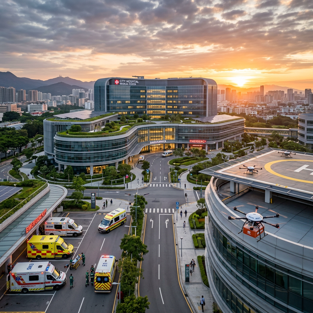 City hospital building with ambulances outside and medical delivery drones on helipad and in flight