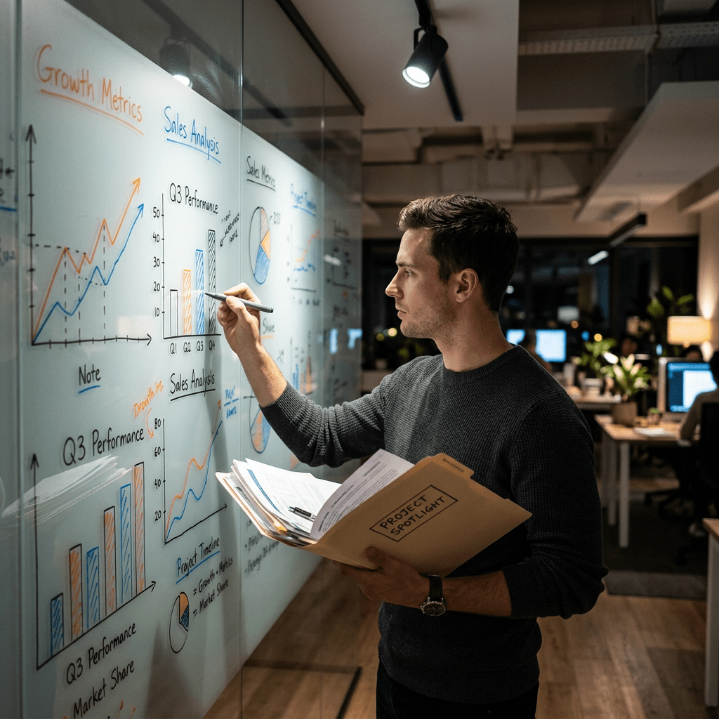 Man writing sales and growth metrics on glass board in office