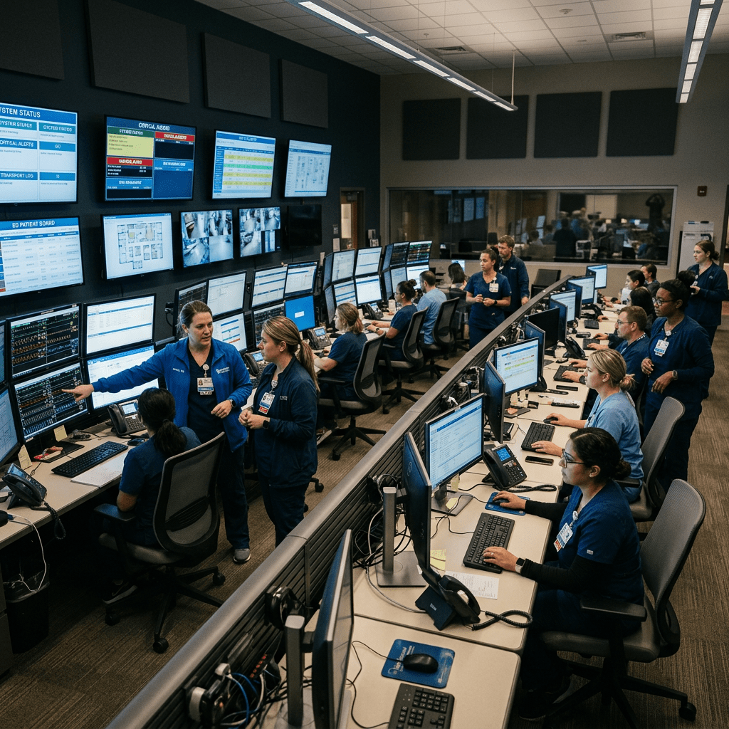 Healthcare workers in scrubs monitoring multiple computer screens and patient data in an operations center