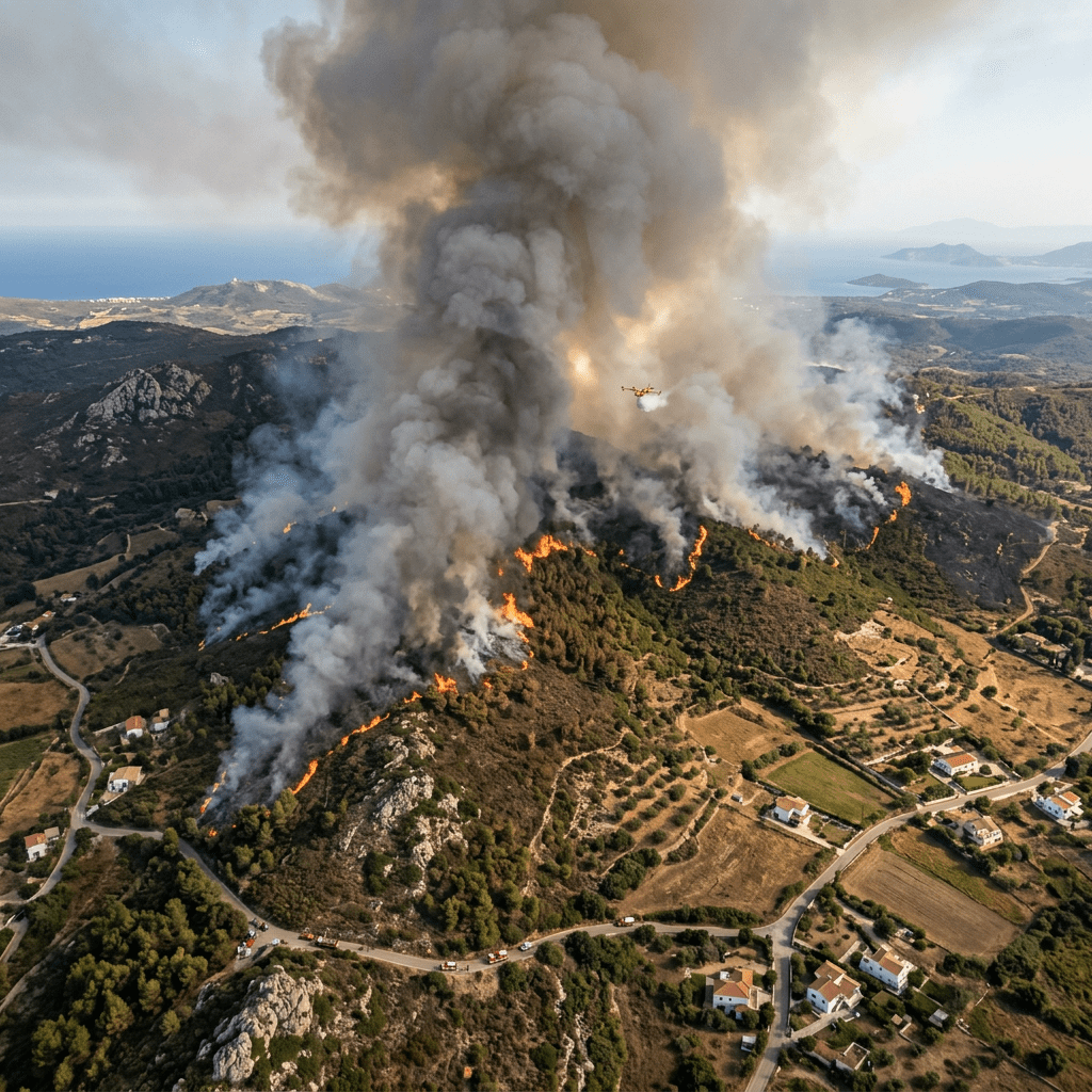 Aerial view of a forest fire with smoke plumes and firefighting aircraft dropping water