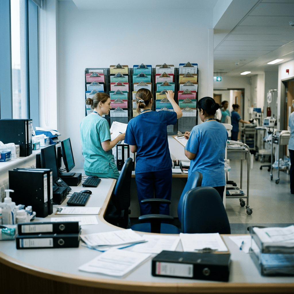 Three healthcare workers coordinating tasks at a hospital nursing station