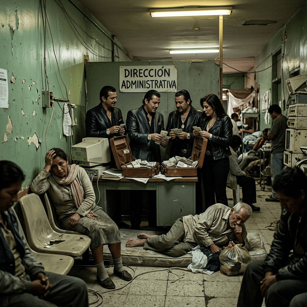 People with cash beside sign reading “DIRECCIÓN ADMINISTRATIVA” in crowded office