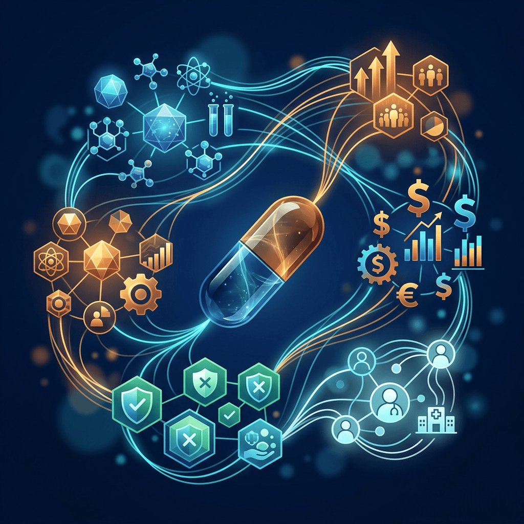 Glowing capsule connected to science, finance, security, and healthcare icons