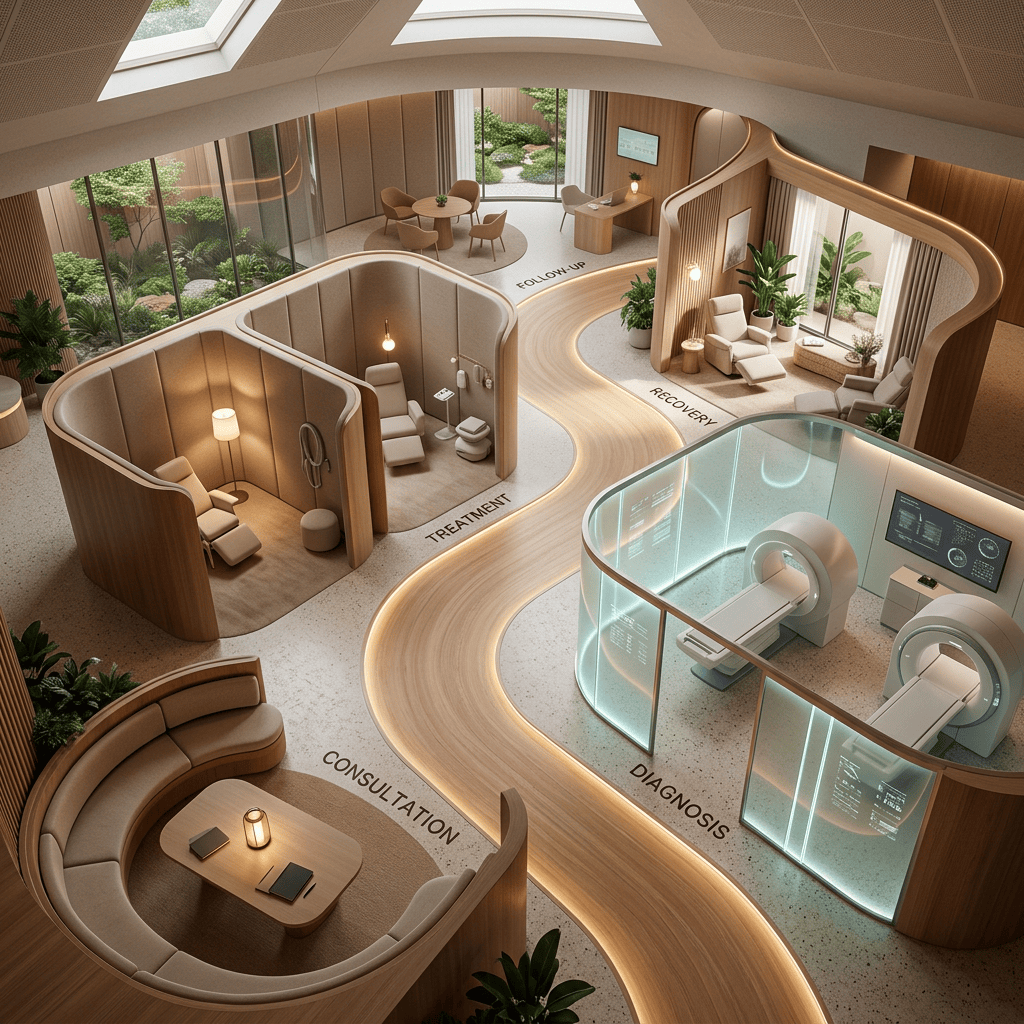 Futuristic clinic interior organized into consultation, diagnosis, treatment, recovery, and follow-up areas