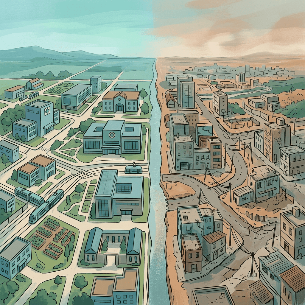 Illustration contrasting a green planned city with a dense distressed city