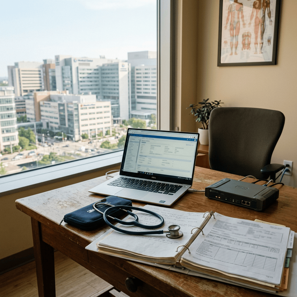Medical office desk with laptop, stethoscope, paperwork, and city view