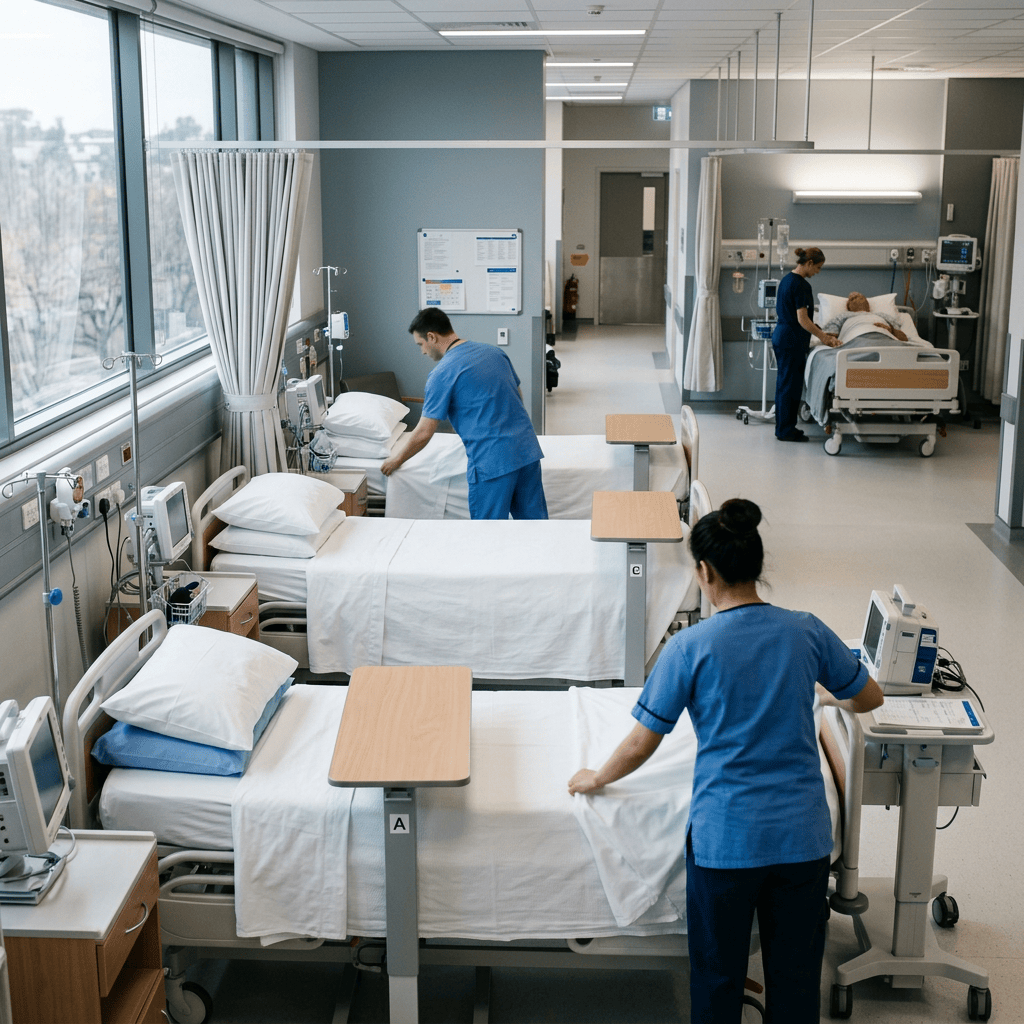 Healthcare workers preparing hospital beds while assisting a patient