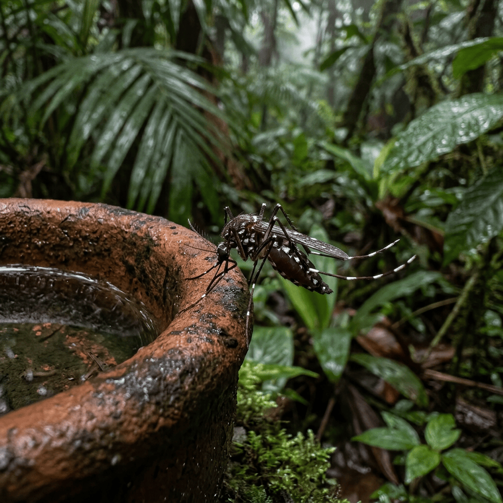Black-and-white mosquito hovering beside a mossy water basin