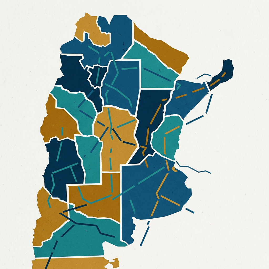 Stylized abstract map divided into teal, blue, and gold regions