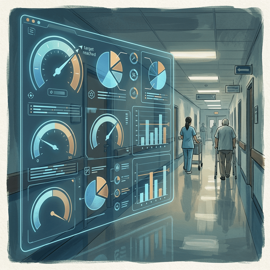 Hospital corridor with healthcare analytics overlay and patients receiving assistance